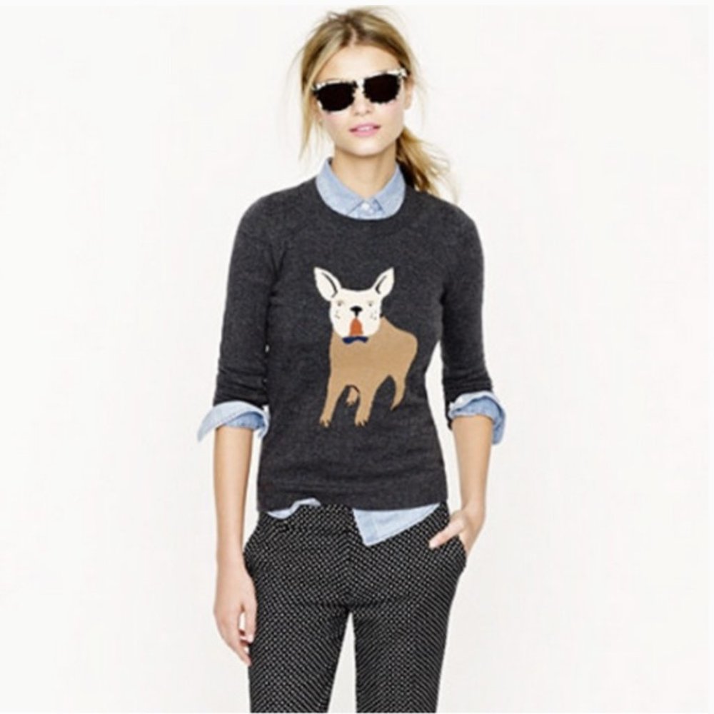 J.Crew Frenchie Dog Gray Crewneck Sweater